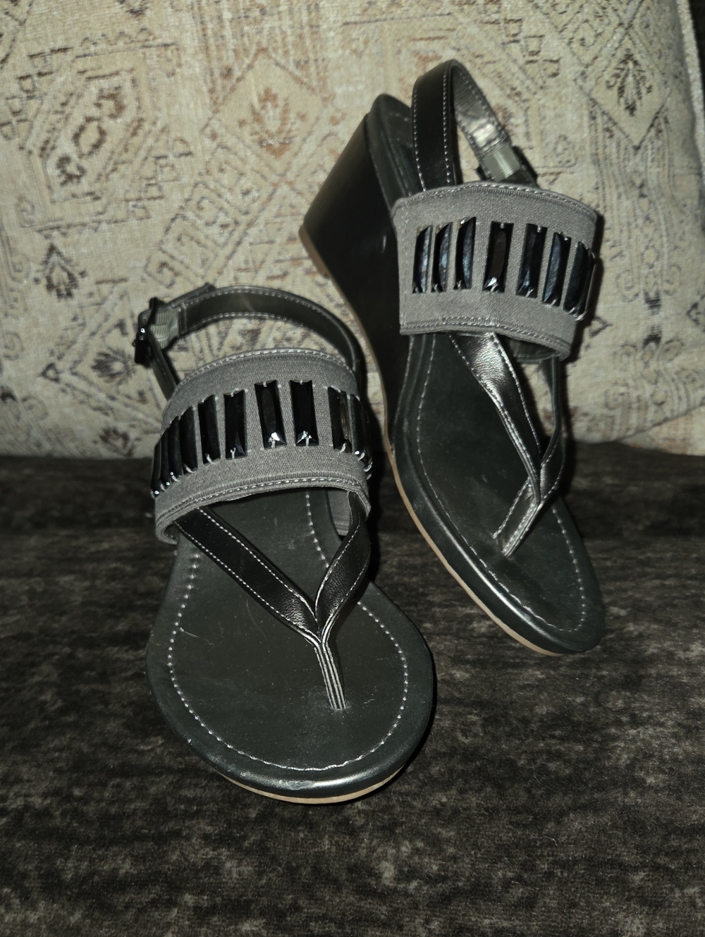 Women's Black Wedge Sandals with Beaded Strap